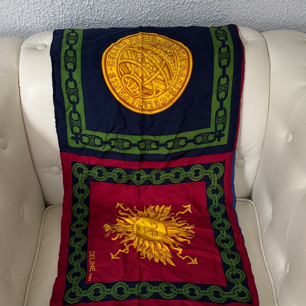Celine Red and Blue Scarf with Gold Accents - Picture 4 of 8